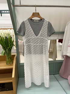 Mmt韩系白色花朵蕾丝透视叠穿V领网纱背心连衣裙女春季罩衫 短袖