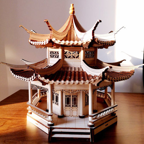 木制手工古建筑模型新中式国风古建筑摆件榫卯积木玩具微景观摆件