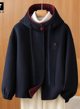 WEI TING双面羊绒短款大衣女秋冬2025新款宽松气质连帽羊毛呢外套