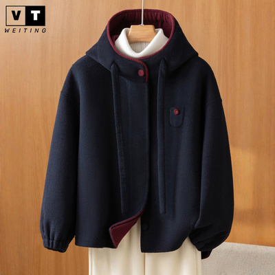 WEI TING双面羊绒短款大衣女秋冬2025新款宽松气质连帽羊毛呢外套