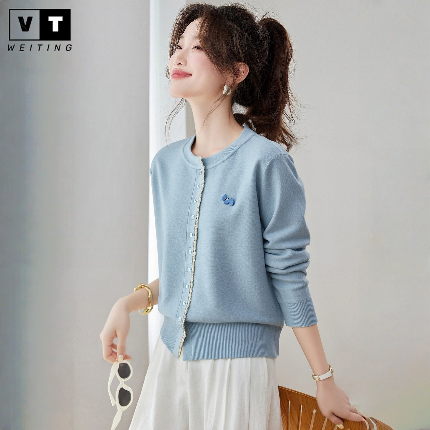 WEI TING蕾丝花边针织开衫女短款秋装2025年新款洋气外搭毛衣外套