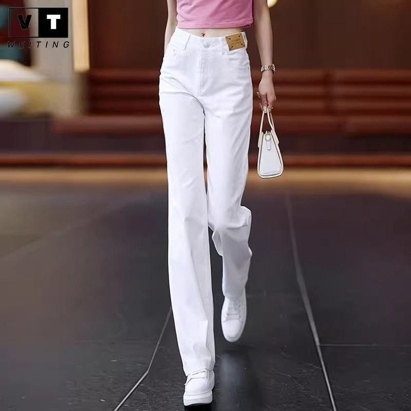 WEI TING白色冰丝纯棉牛仔直筒裤女2025夏季新款透气休闲阔腿裤子