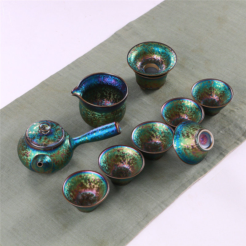 窑变天目建盏七彩孔雀套装茶壶粗陶茶具茶盏陶瓷整套高档礼盒包邮