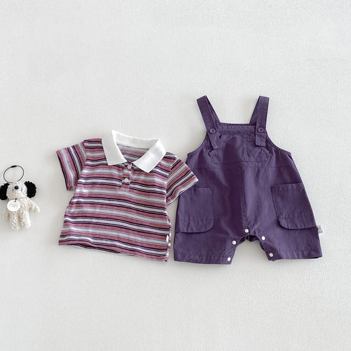 点兮夏季新款婴幼儿简约背带哈衣套装宝宝条纹短袖连体爬服两件套