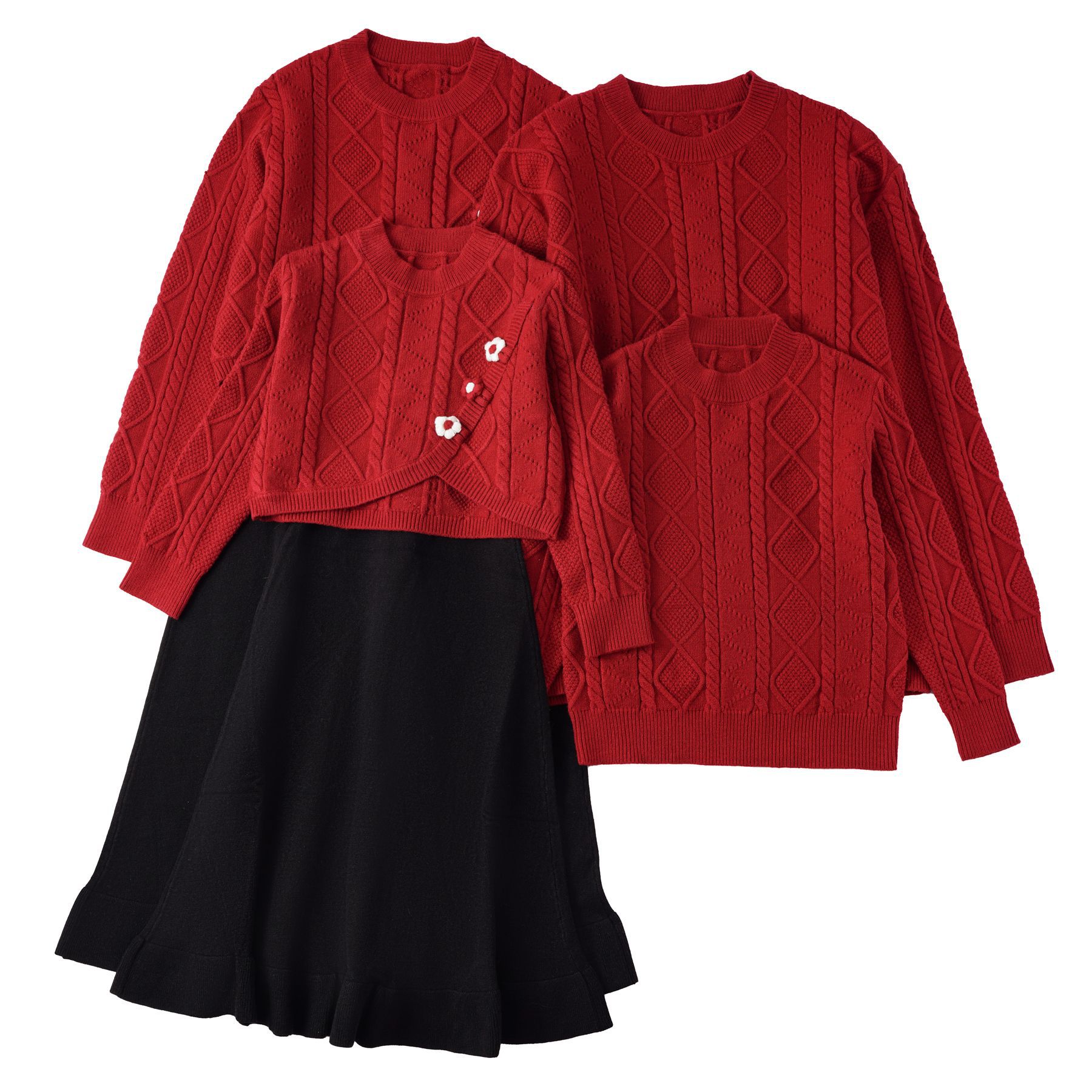 新款亲子装红色毛衣女款连衣裙男上衣秋冬季加厚韩版针织衫家庭装