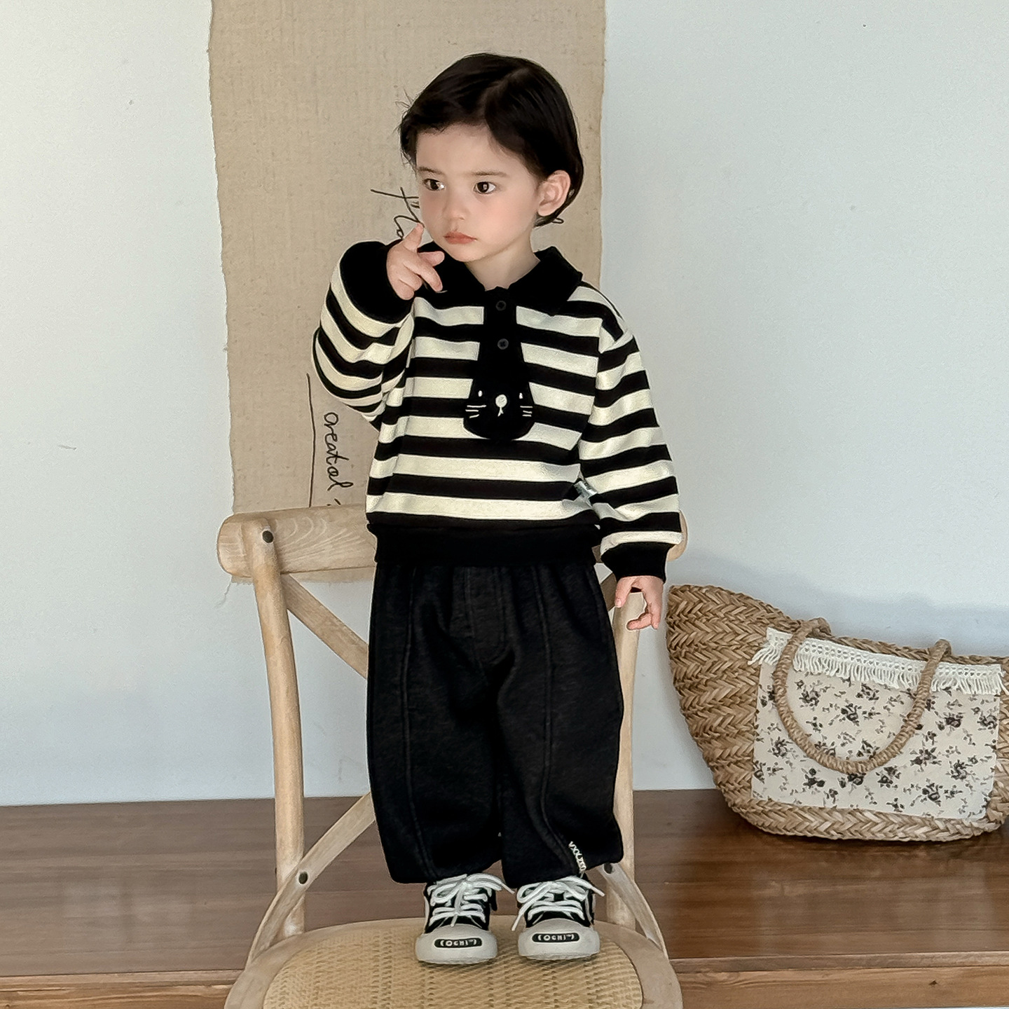 点兮2025秋冬新款婴幼儿条纹POLO衫套装宝宝加绒卫衣牛仔裤
