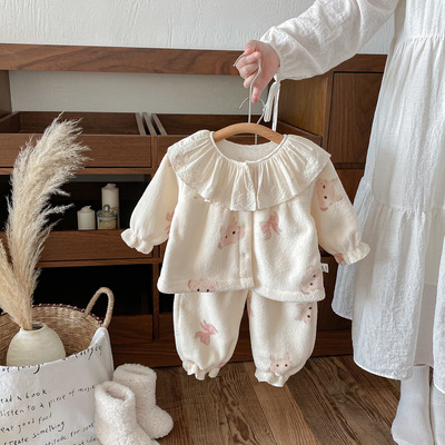 点兮2025秋冬新款婴幼儿毛毛家居服套装女宝宝翻领上衣裤子