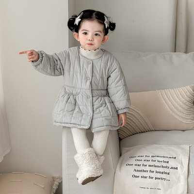 点兮冬季新款婴幼儿中长款加绒加厚棉服女宝宝高领毛衣披肩棉衣潮