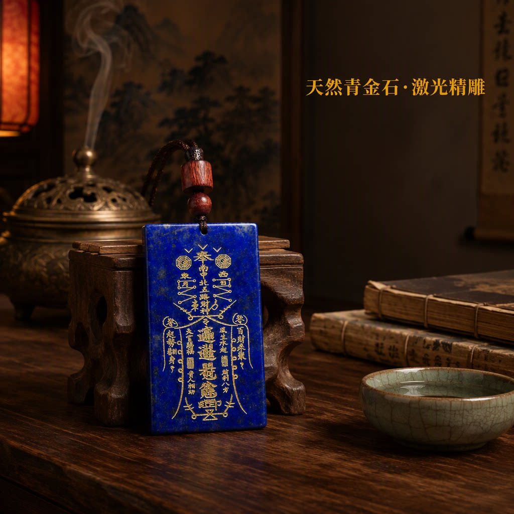 天然青金石无事牌吊坠项链男女款毛衣挂道家玉皇上帝五路财神招财