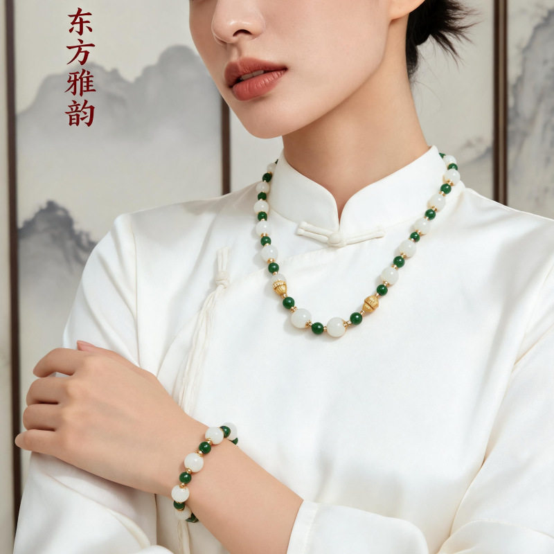 新款白色金丝玉手串项链小众设计款玉石吊坠首饰套装礼物直播爆款