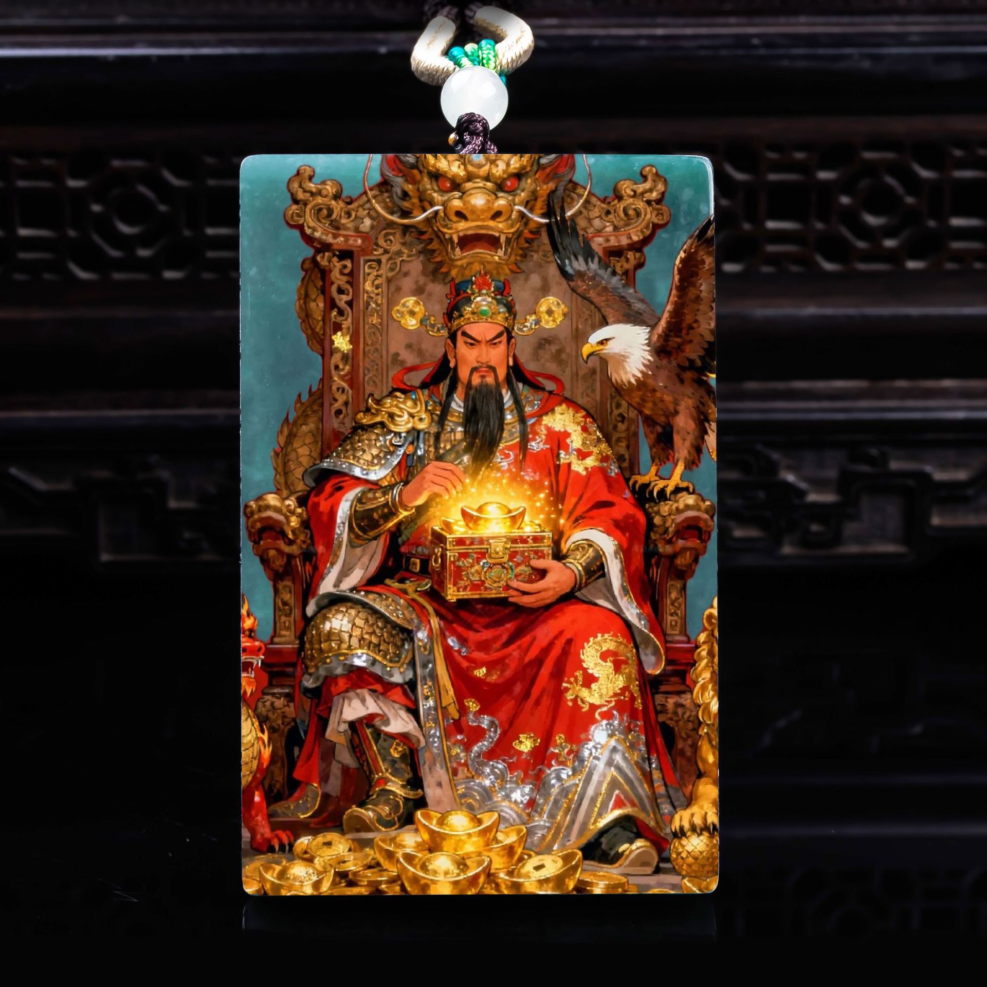 天然A货翡翠武财神赵公明精工超清喷绘高冰种老玉石吊坠挂件玉美