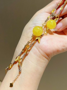 天然原矿鸡油黄蜜蜡手绳 珠径13mm左右