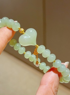 温润天然和田玉手串圆珠晴水搭配屁桃手链男女生时尚单圈玉石手链