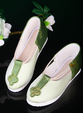 七月荷原创[长相思]如意鞋秋绿色织锦缎明汉服鞋复原战国袍透气