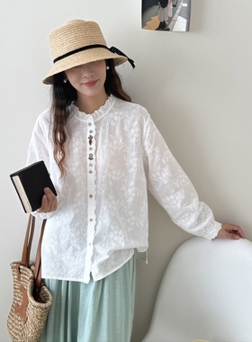 新款女装三朵小花木耳领长袖衬衫宽松显瘦百搭上衣25148