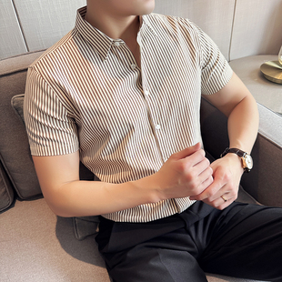 男士 高级感商务修身 竖条纹休闲短袖 衬衫 免烫弹力衬衣2024夏季 新款