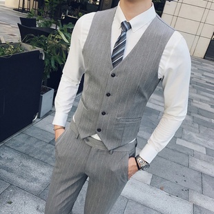 条纹西装 马甲西裤 礼服商务休闲修身 兄弟伴郎团结婚正装 背心 男套装