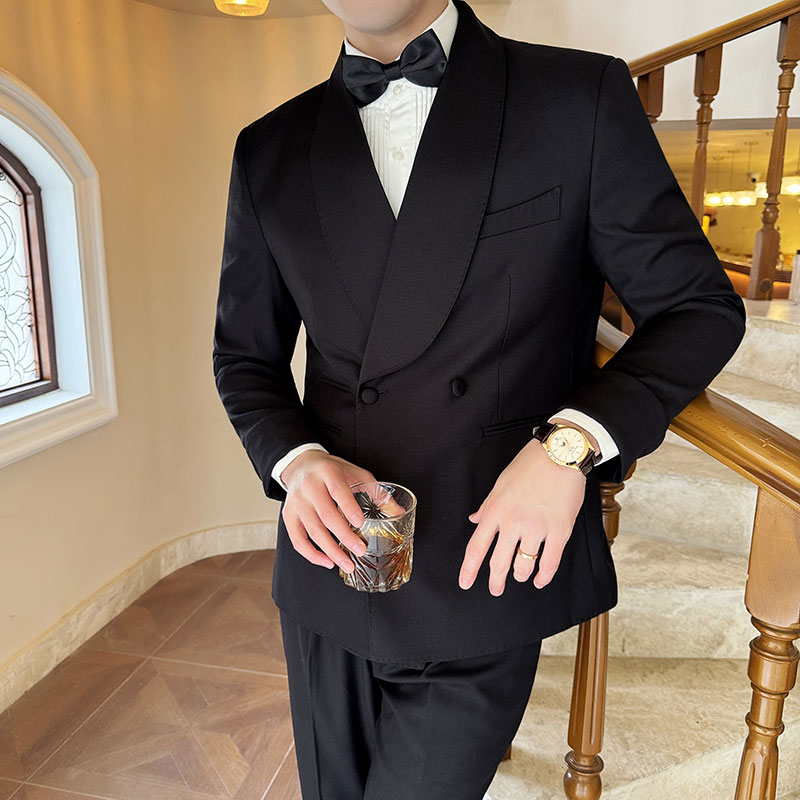 法式青果领西服套装男高级感晚宴聚会西装外套商务结婚礼服两件套