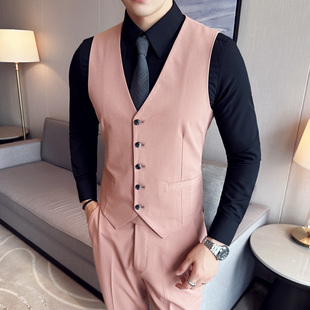 男商务坎肩伴郎结婚礼服修身 粉红色时尚 套装 马甲西裤 英伦背心 西装