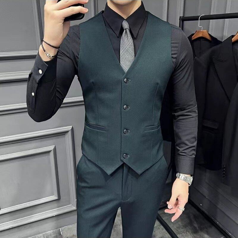 马甲男款痞帅潮流新郎伴郎结婚套装礼服墨绿色修身西装背心三件套