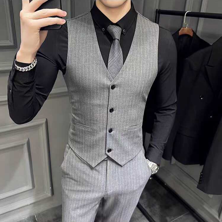 新郎伴郎团条纹马甲套装男款三件套结婚礼服商务正装西装坎肩背心图片