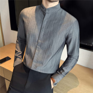 高级感中山装 男百搭仿棉麻肌理感长袖 复古衬衣 休闲立领衬衫 新中式
