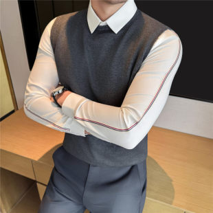 2026秋冬新款内搭假两件男针织背心条纹织带装饰衬衫领毛衣打底衫