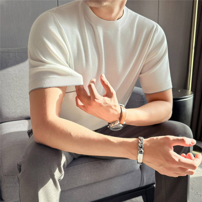 抗起球针织短袖男撞色毛衣高级感圆领修身弹力半袖T恤亲肤打底衫