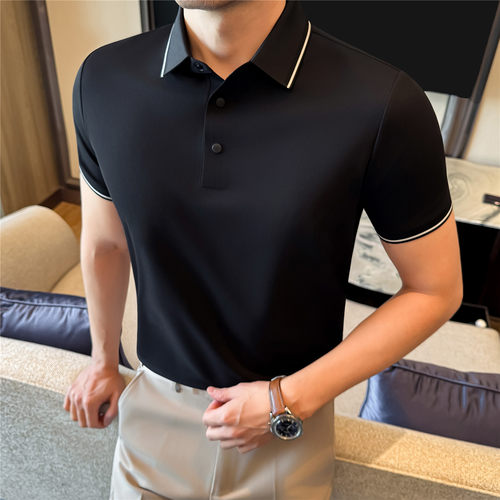 高级感无痕Polo衫男士薄款冰丝翻领短袖夏季休闲痞帅潮流弹力T恤