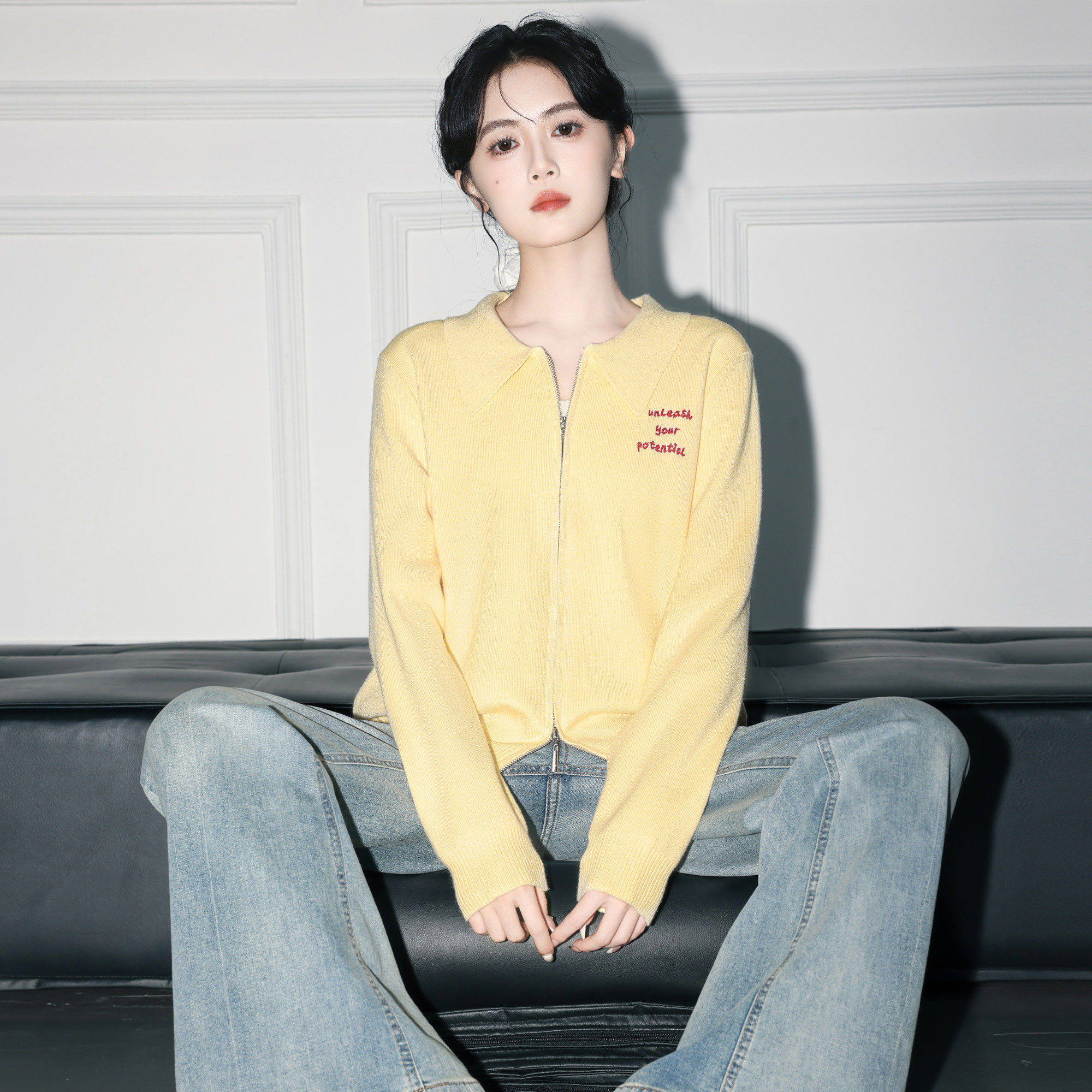 黄色双拉炼针织开衫女春秋2025秋新款宽松慵懒翻领毛衣外套上衣,女装/女士精品,毛针织衫,淘宝优惠券,粉丝福利购,淘宝优惠卷