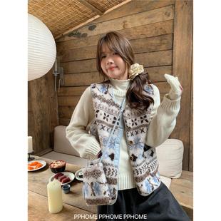 PPHOME自制~可爱费尔岛羊羔毛麂皮叠穿马甲背心女保暖外套送包包
