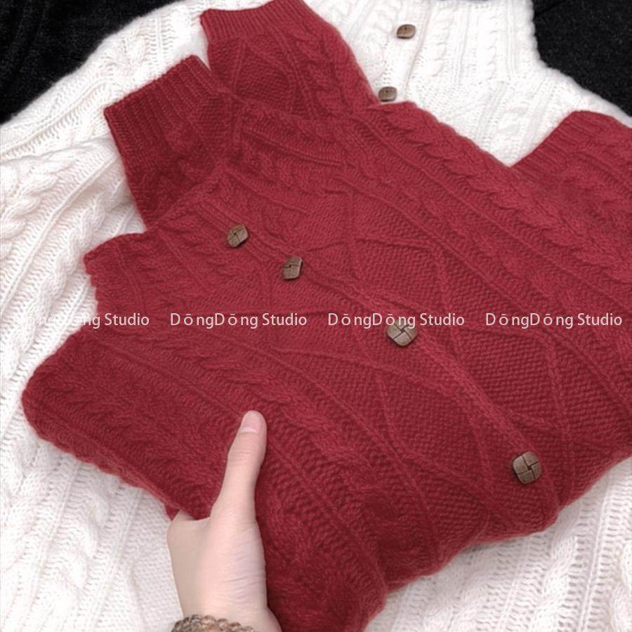 冬季新品【全毛木扣开衫】麻花半高领宽松长袖针织毛衣外套253005