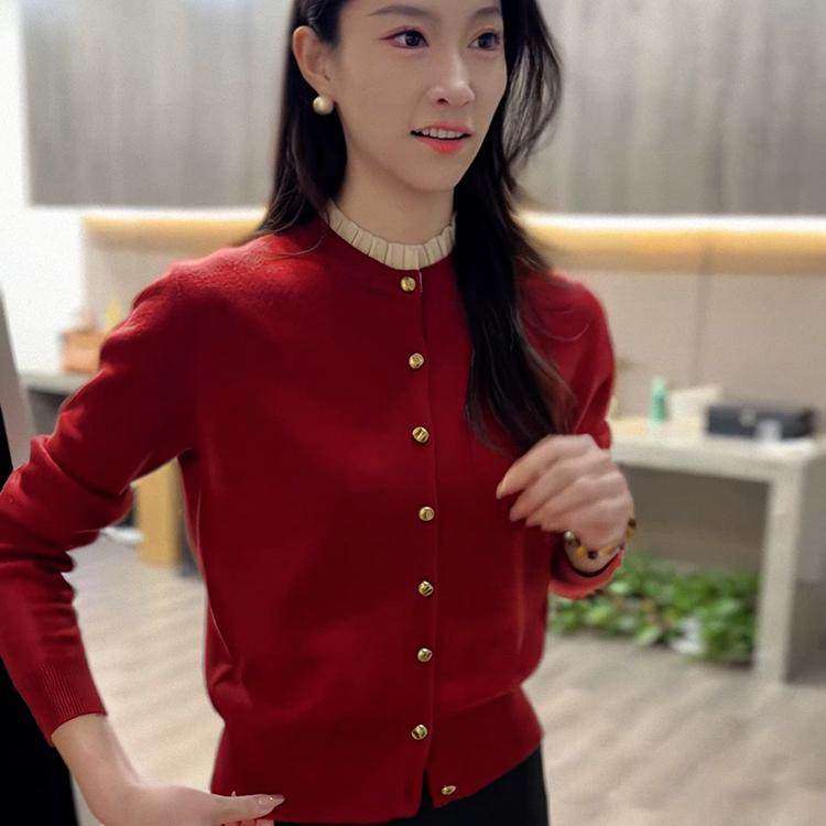 红色新年木耳边针织开衫外套女春秋季美式新款超好看气质时髦上衣,个性定制/设计服务/DIY,棉服工装,淘宝优惠券,粉丝福利购,淘宝优惠卷
