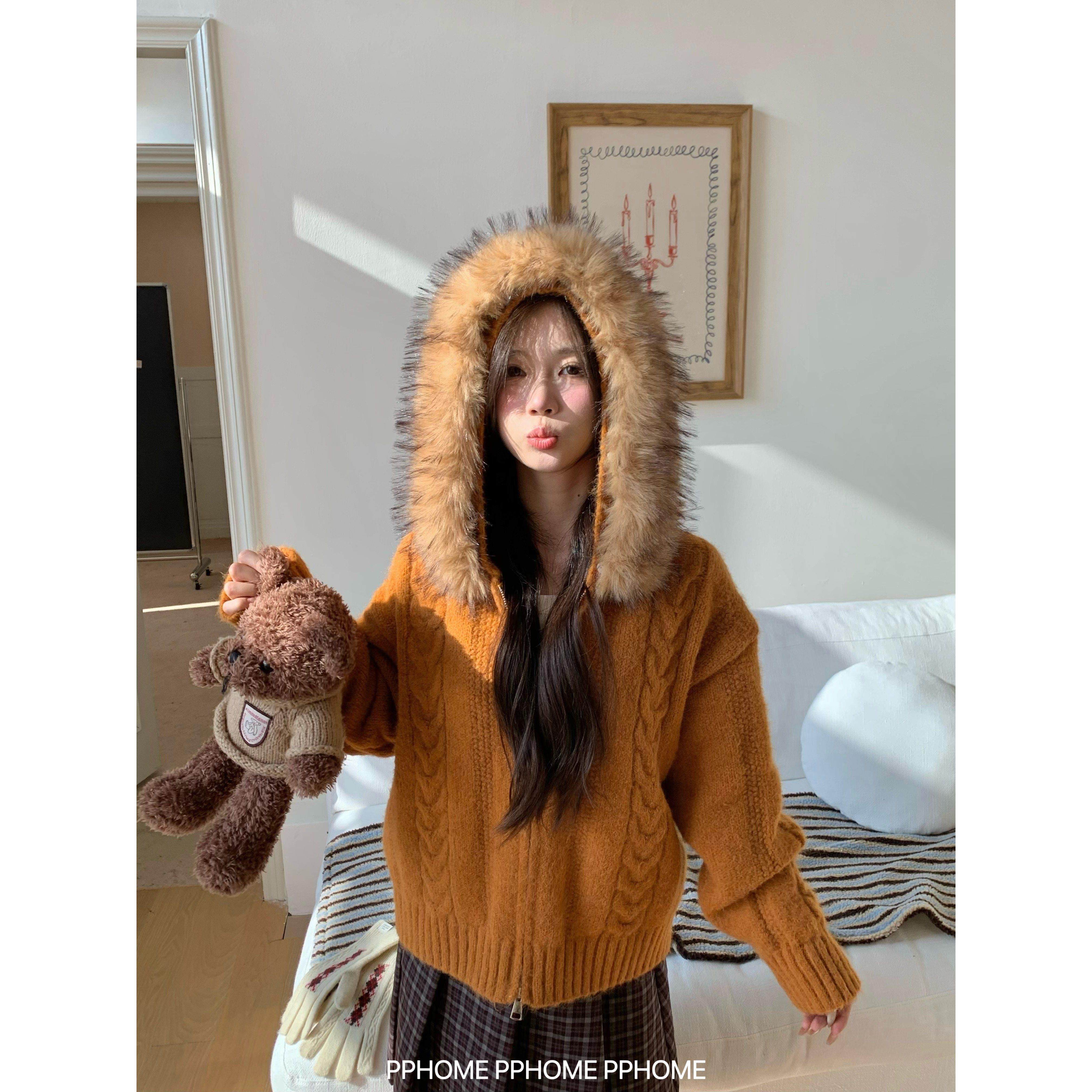 PPHOME自制~南瓜肉桂卷 连帽毛领秋冬宽松百搭软糯开衫毛衣女外套