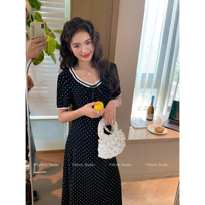 【陈格格】黑巧波点~绝美法式花边系带黑底复古显瘦连衣裙夏季