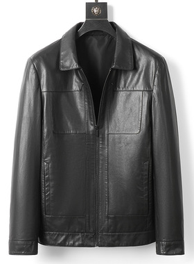 春秋款男士真皮皮衣男海宁绵羊皮外套翻领休闲百搭夹克爸爸装