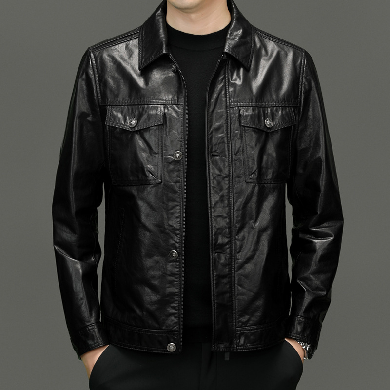 DLSN-A7705秋冬新款男士海宁皮衣翻领机车夹克油蜡牛皮真皮皮衣男
