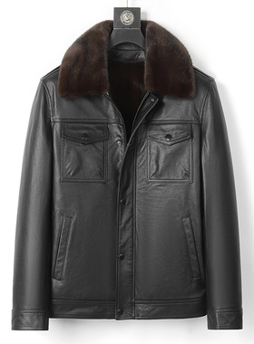 海宁男士头层牛皮夹克可拆卸金貂绒内胆商务真皮皮衣加厚皮外套