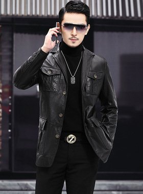 新款男士翻领头发牛皮皮衣中年爸爸装商务休闲单排扣多口袋皮夹克