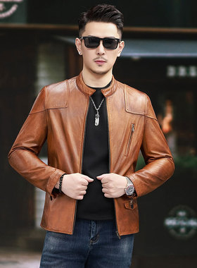 海宁真皮皮衣休闲男士帅气机车立领外套新款高端春秋薄款皮夹克