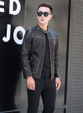 2024男士羊皮皮衣秋季新款小立领青年时尚休闲皮夹克短装外套