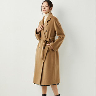 单面尼加里衬加厚13支机织纯山羊绒大衣女士插肩袖牛角扣腰带外套