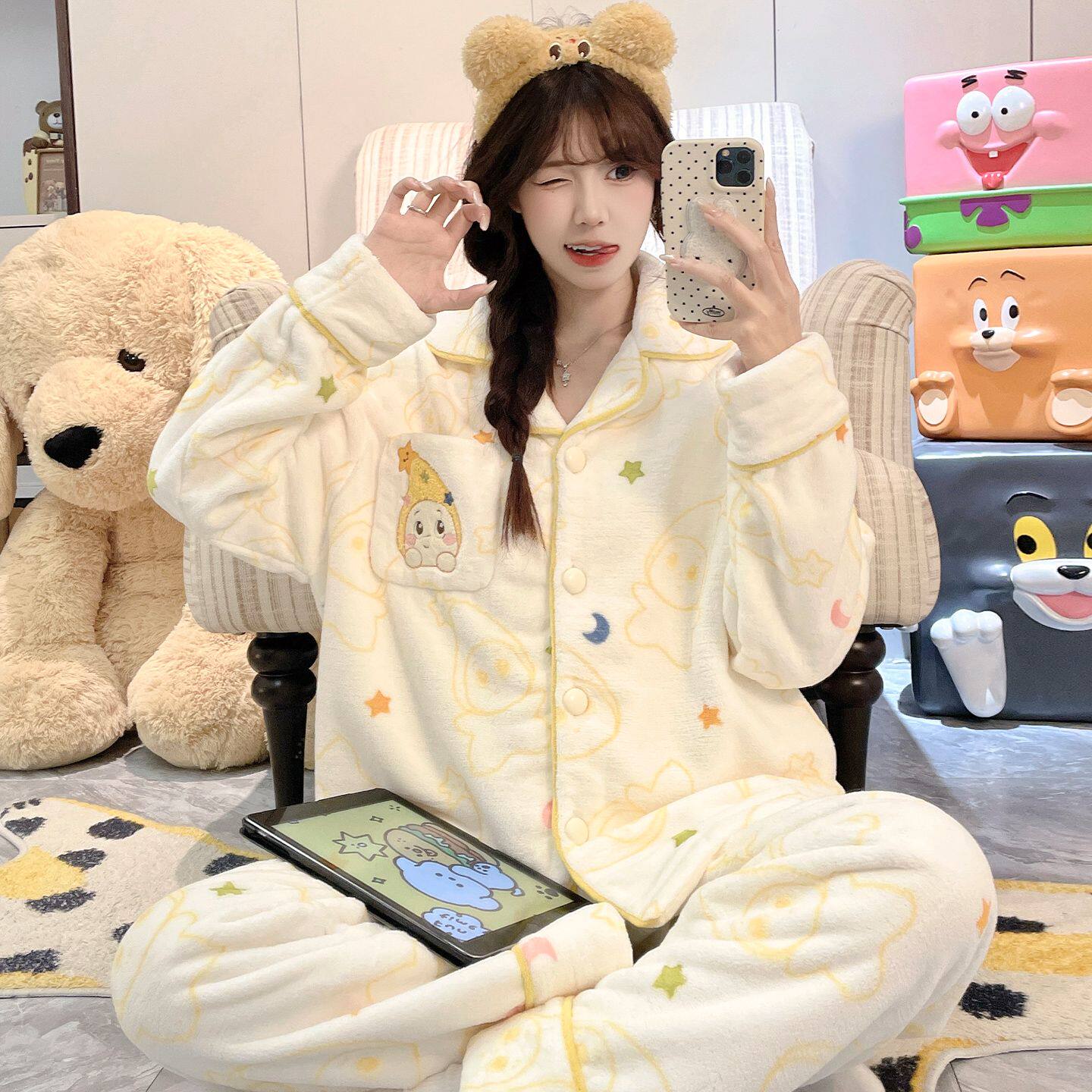 女士睡衣秋冬季珊瑚绒加厚加绒