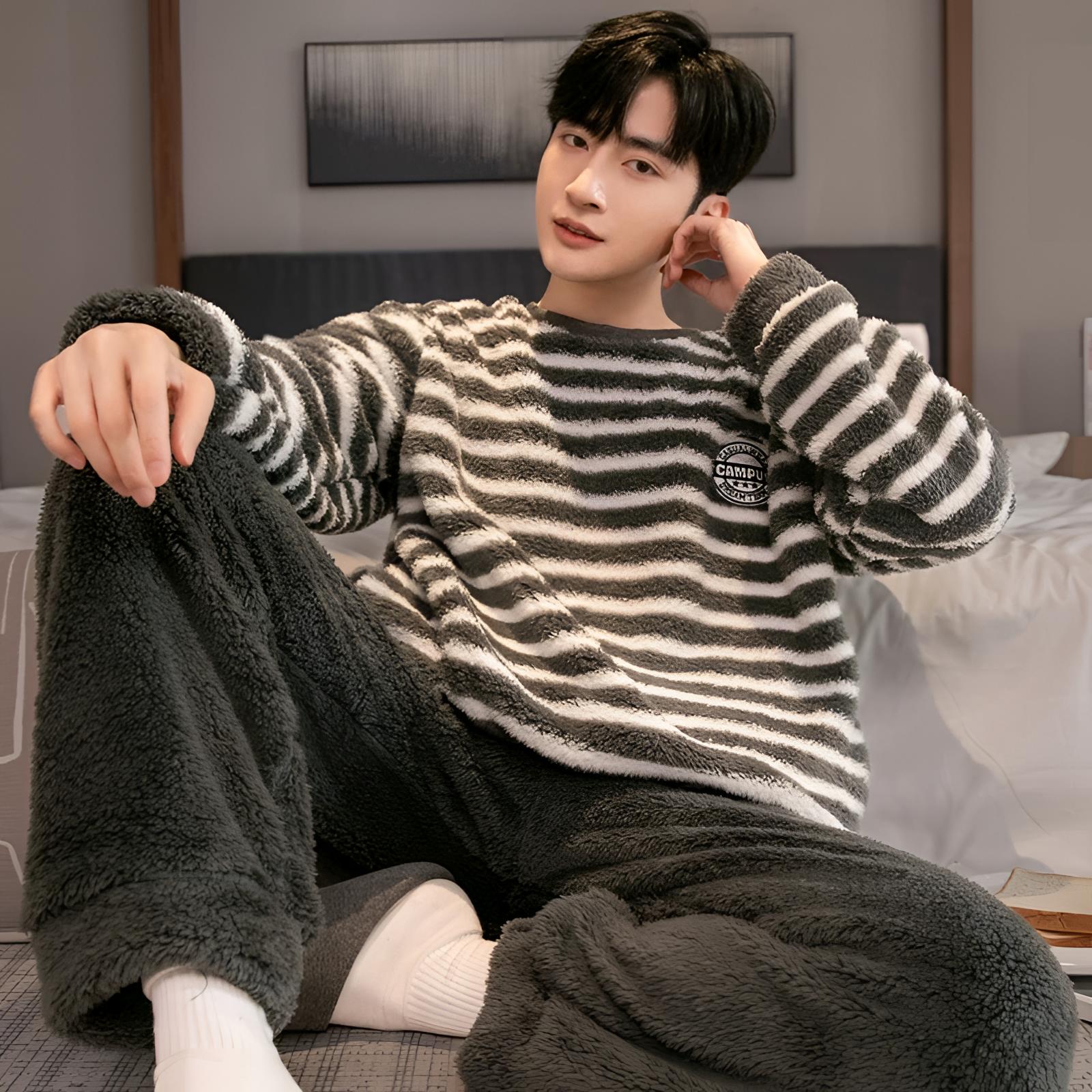 珊瑚绒睡衣男冬季加厚加绒保暖