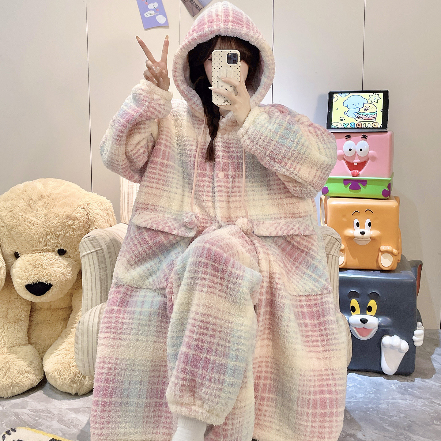 睡衣女冬季加厚加绒保暖中长款