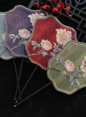 绣花团扇古风儿童夏半透长柄流苏舞蹈扇女古装汉服旗袍刺绣异形扇