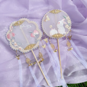 儿童古风汉服团扇宫扇绣花扇子女式 掌扇走秀拍摄跳舞蹈扇长柄扇