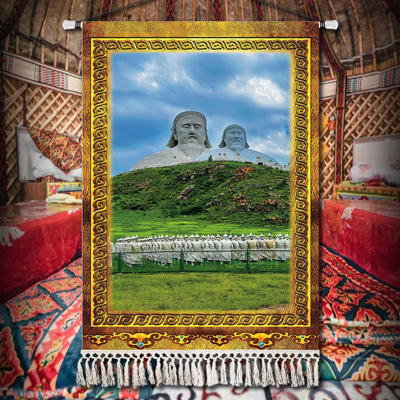 蒙古风格元素成吉思汗图案挂画蒙古马装饰画客厅卧室草原棉麻挂布