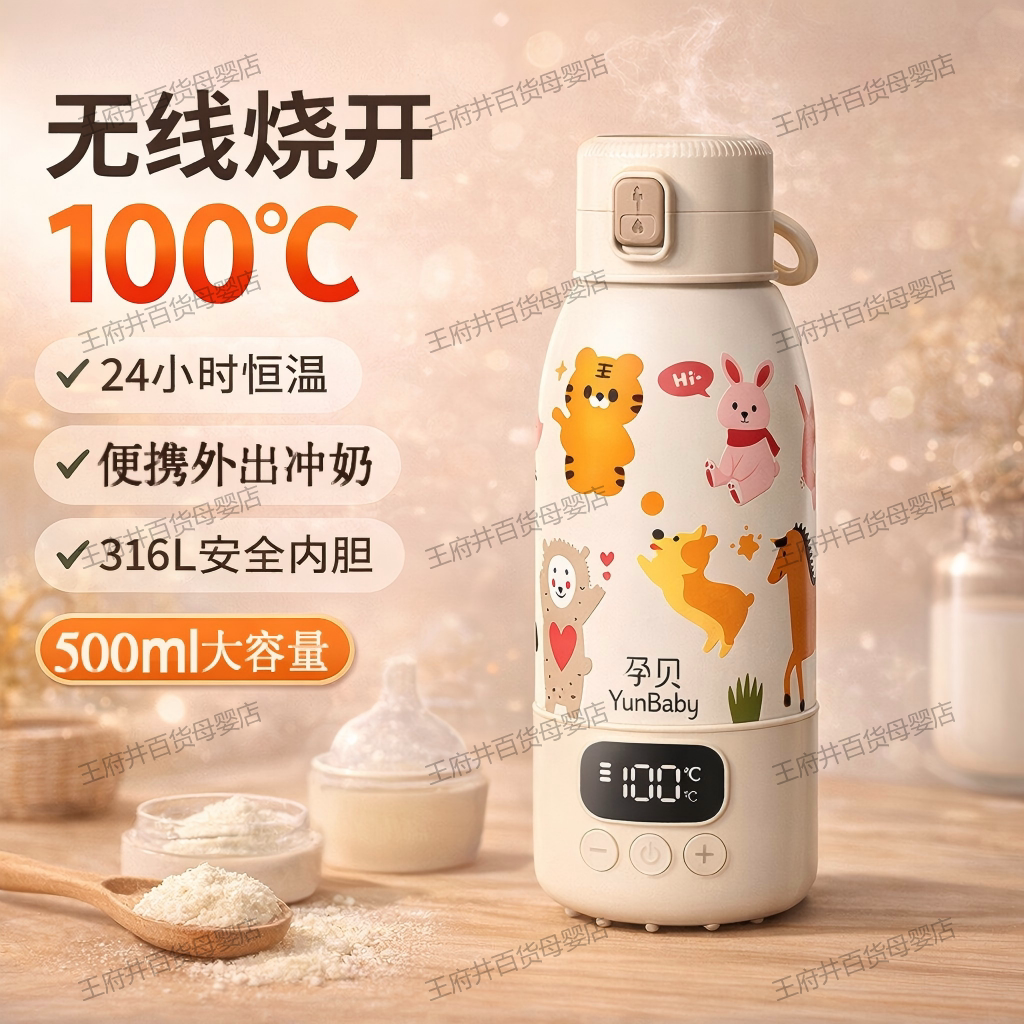 孕贝恒温水壶婴儿外出专用无线便携式恒温杯冲奶烧开100℃消毒