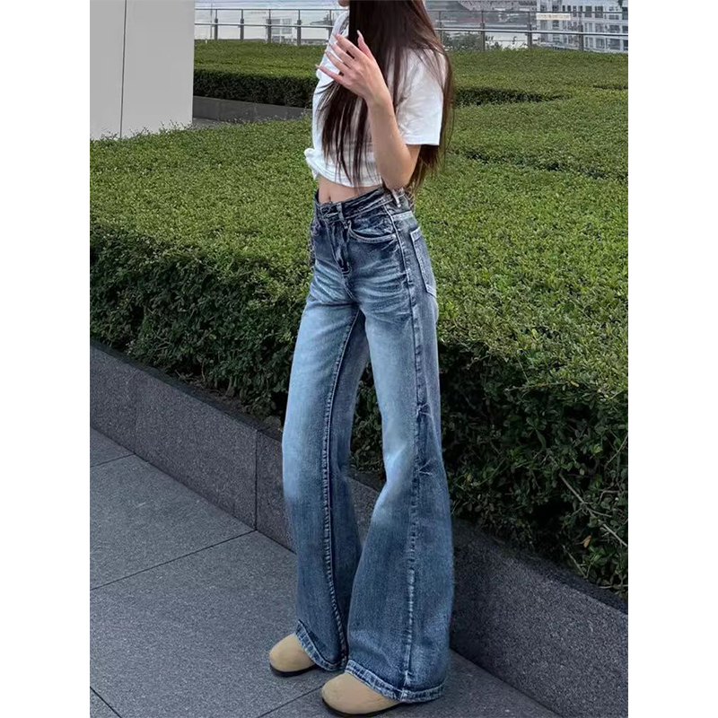 复古美式水洗做旧阔腿牛仔裤